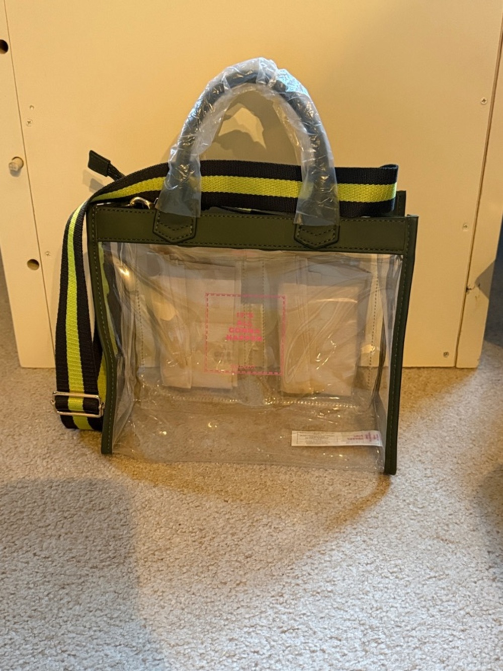 Stella & Dot Clear Crossbody Tote with Olive Trim and Lime-Striped Strap